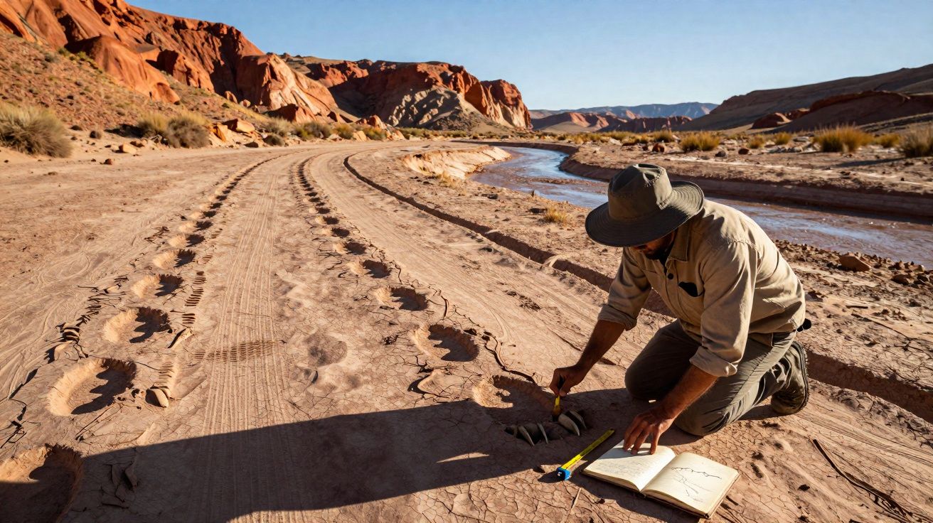 Homem a analisar pegadas na areia junto a um rio num deserto com formações rochosas alaranjadas.