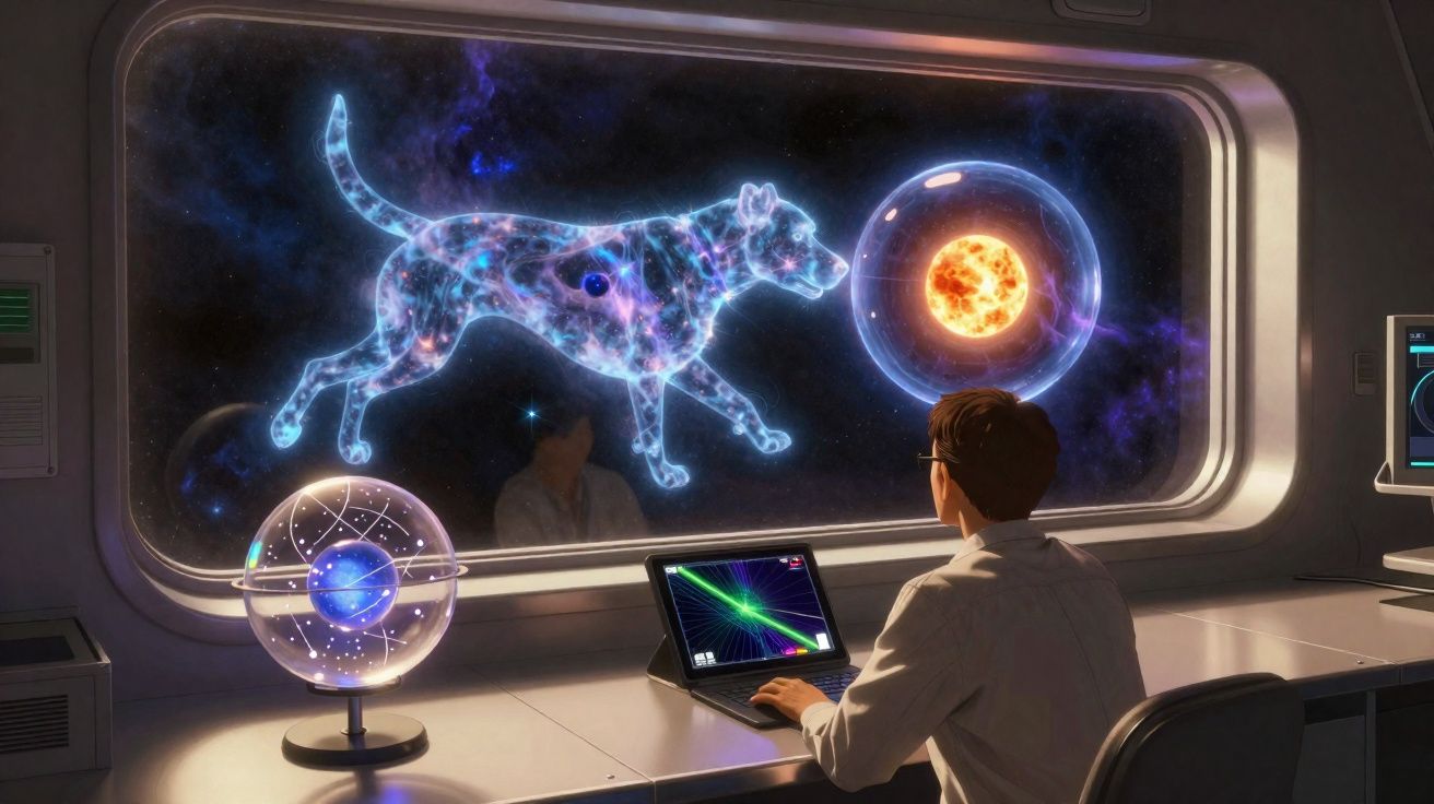 Pessoa numa sala futurista a observar holograma de cão e esfera luminosa através de janela espacial.