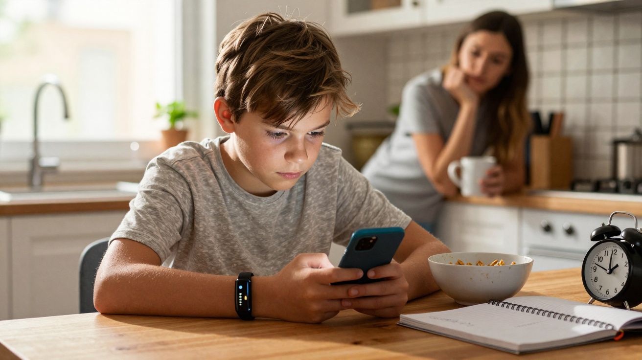 Rapaz sentado à mesa com telemóvel, caderno e charuto, enquanto mulher observa ao fundo na cozinha.