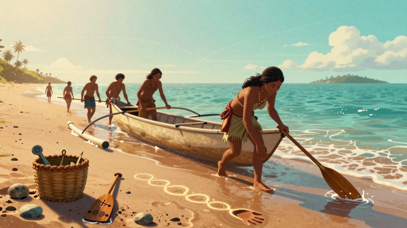 Grupo de pessoas indígenas a puxar um barco à beira-mar numa praia com céu azul e palmeiras ao fundo.