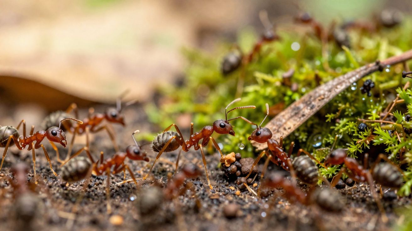 Formiga vermelha em foco no solo, rodeada por outras formigas e vegetação verde desfocada.