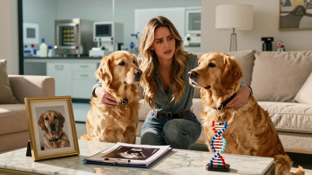 Mulher com dois cães golden retriever junto a fotos e modelo de DNA numa mesa numa sala moderna.