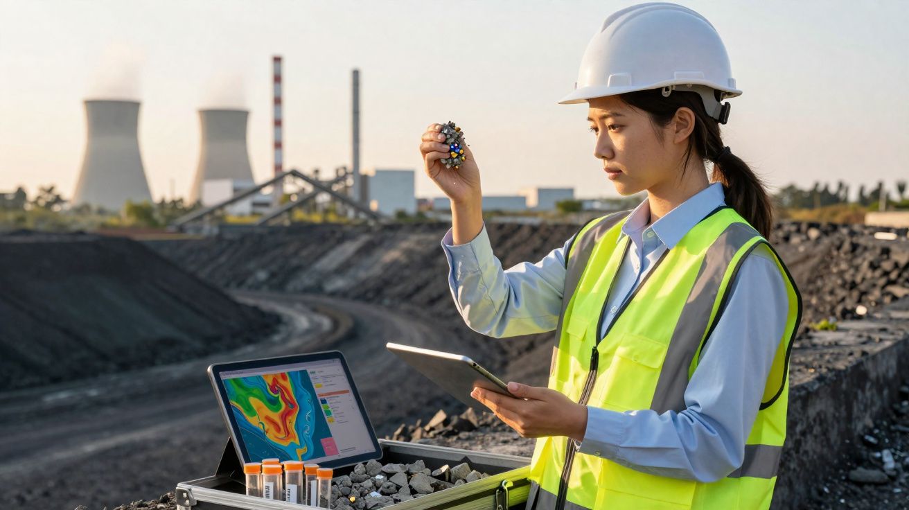 Engenheira com capacete e colete reflectivo analisa amostra de solo numa mina a céu aberto, com fábrica ao fundo.
