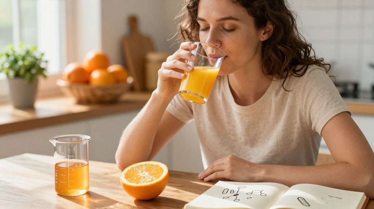 Mulher a beber sumo de laranja à mesa com laranja cortada e caderno aberto num ambiente luminoso.