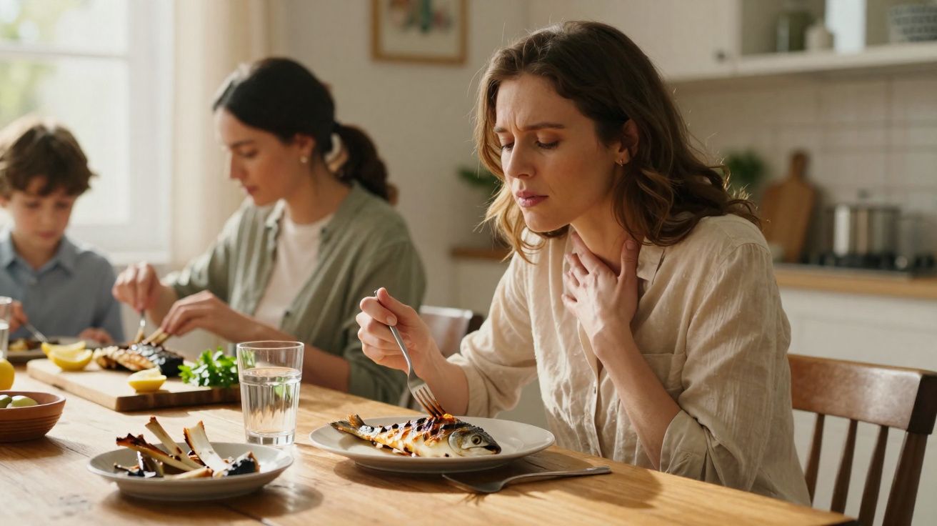 Mulher com dor de garganta sentada à mesa com prato de peixe, ao lado de outras pessoas a comer.