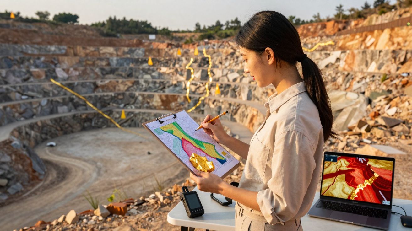 Mulher a analisar mapa geológico em caderno num local de extracção de mineração a céu aberto.