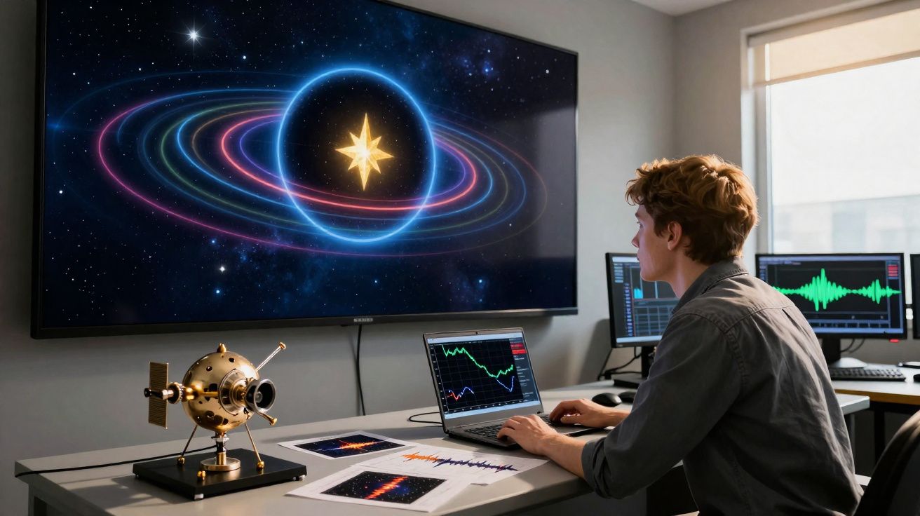 Pessoa a analisar dados científicos de um modelo estelar com gráficos e projeções num monitor grande e laptops.