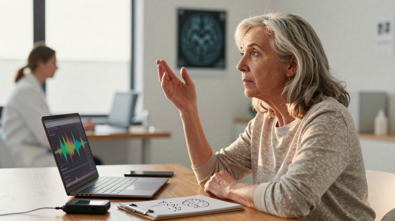 Mulher sénior em consulta médica a discutir resultados com profissional de saúde num consultório.