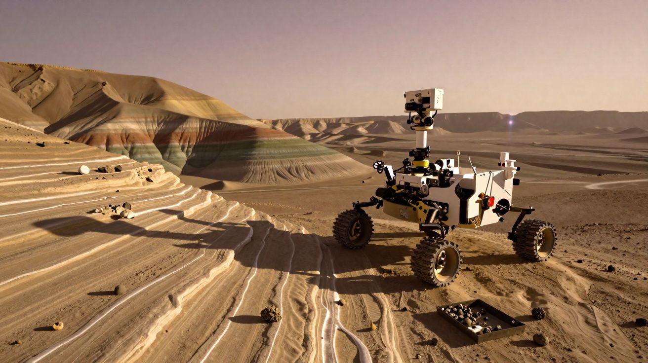 Rover espacial em terreno árido com colinas coloridas e estrias brancas, simulando paisagem marciana.