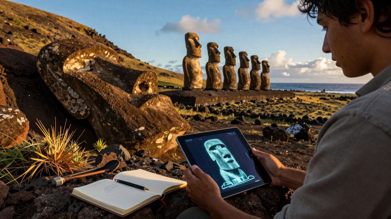 Pessoa analisa imagem digital de estátua moai na ilha de Páscoa, com caderno aberto e esculturas ao fundo.