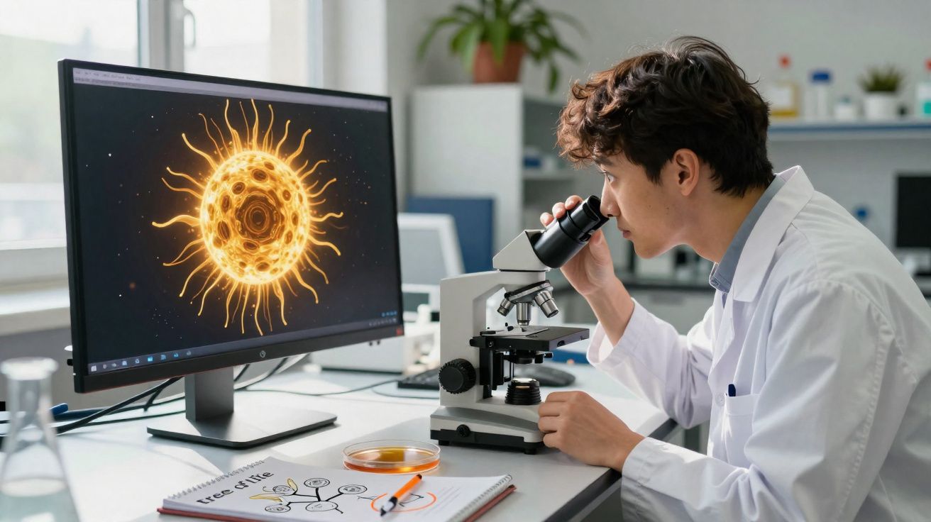 Cientista observa amostra no microscópio com imagem ampliada de vírus em ecrã de computador.