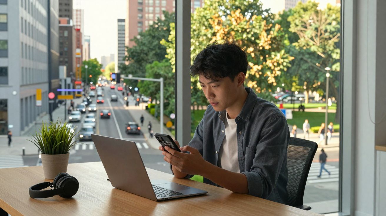 Homem sentado numa mesa junto à janela, a usar telemóvel com computador portátil aberto à sua frente.