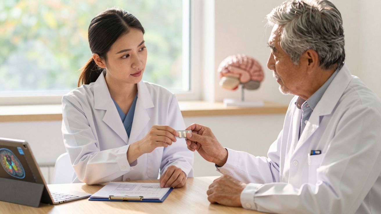 Doutora e doutor em consulta médica, ambos de bata branca, trocando medicação num consultório.