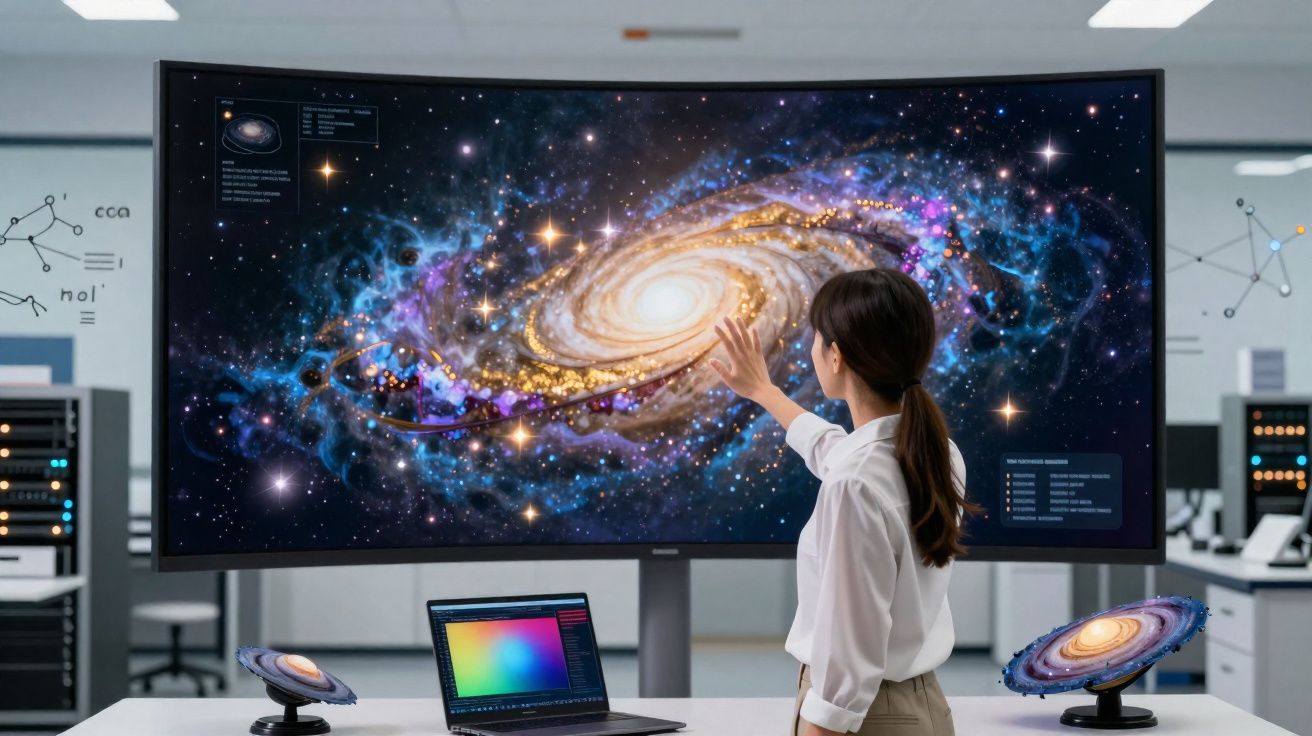 Mulher interage com imagem digital de galáxia numa grande ecrã curva em laboratório científico.