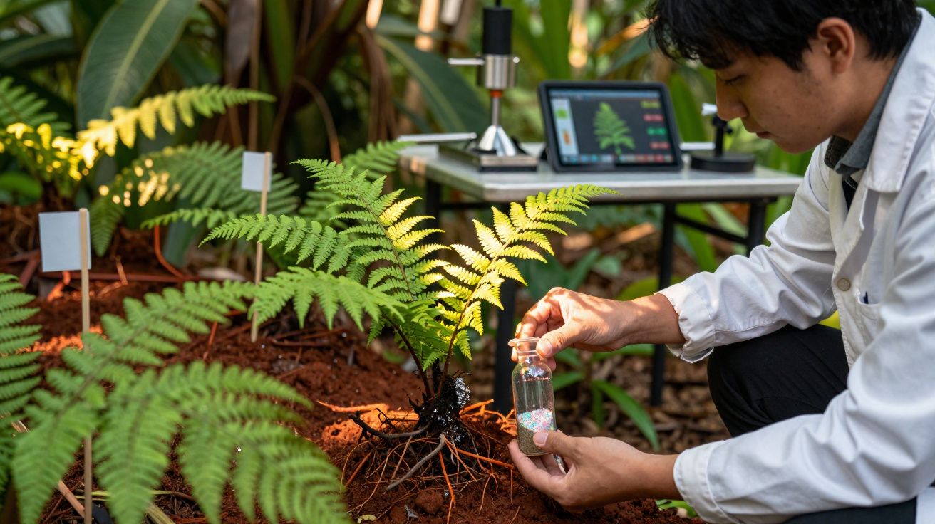 Investigador em bata branca examina planta de fetos com tablet e equipamento científico ao fundo na estufa.