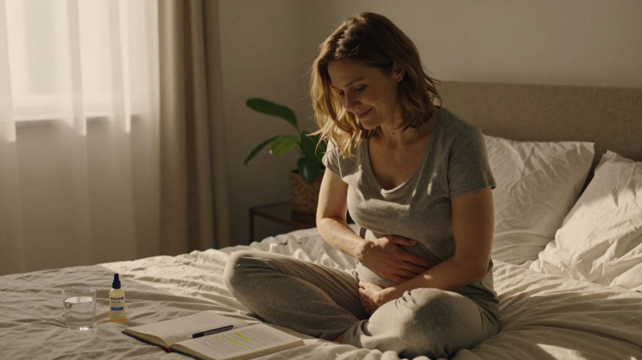 Mulher sentada na cama a tocar a barriga, com livro, copo de água e gotas no criado-mudo.