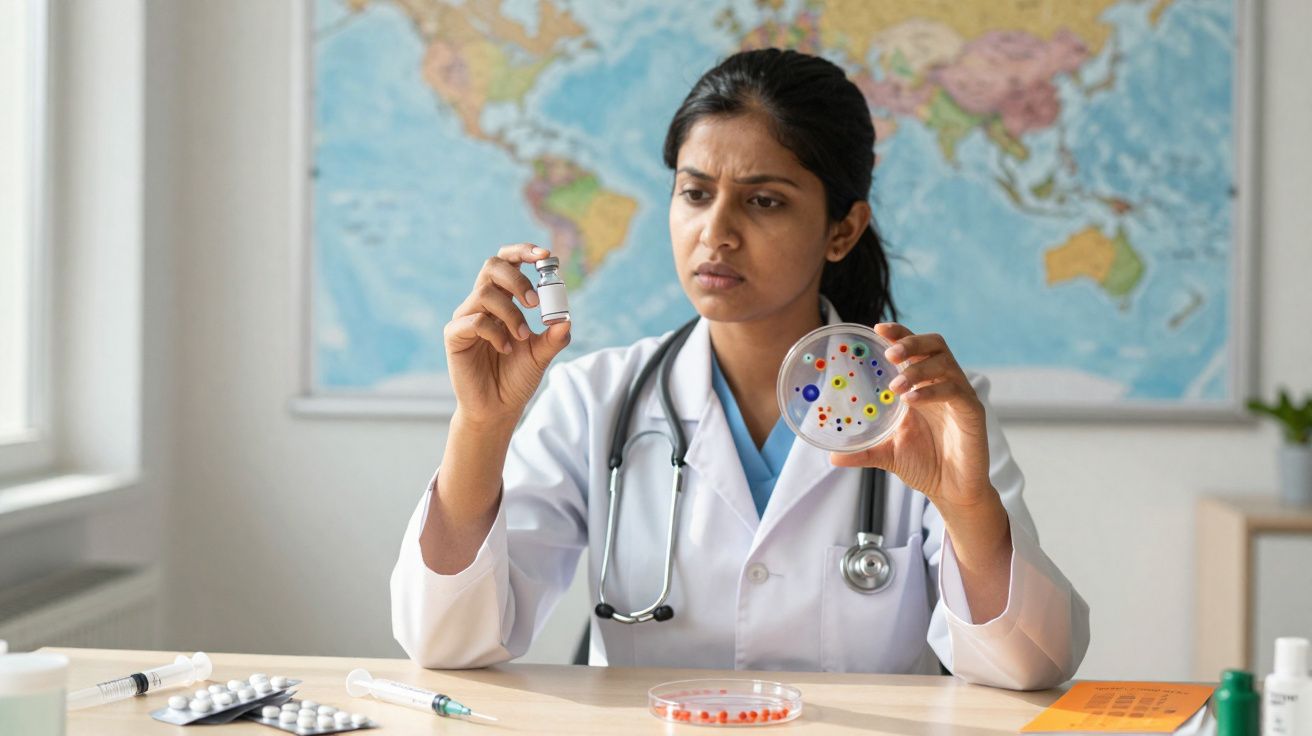 Médica com bata branca examina frasco e placa de Petri com bactérias num consultório com mapa-múndi ao fundo.