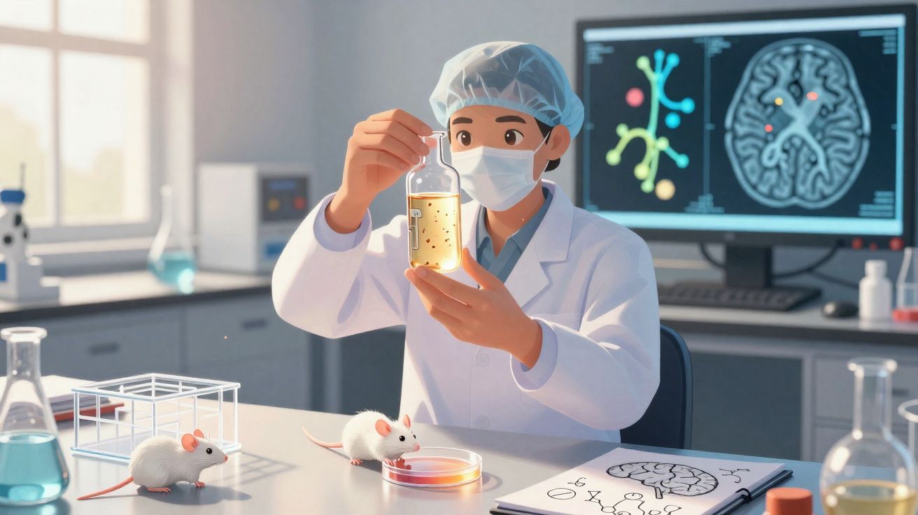 Cientista com máscara e touca observa líquido numa garrafa em laboratório com ratos e imagens cerebrais.