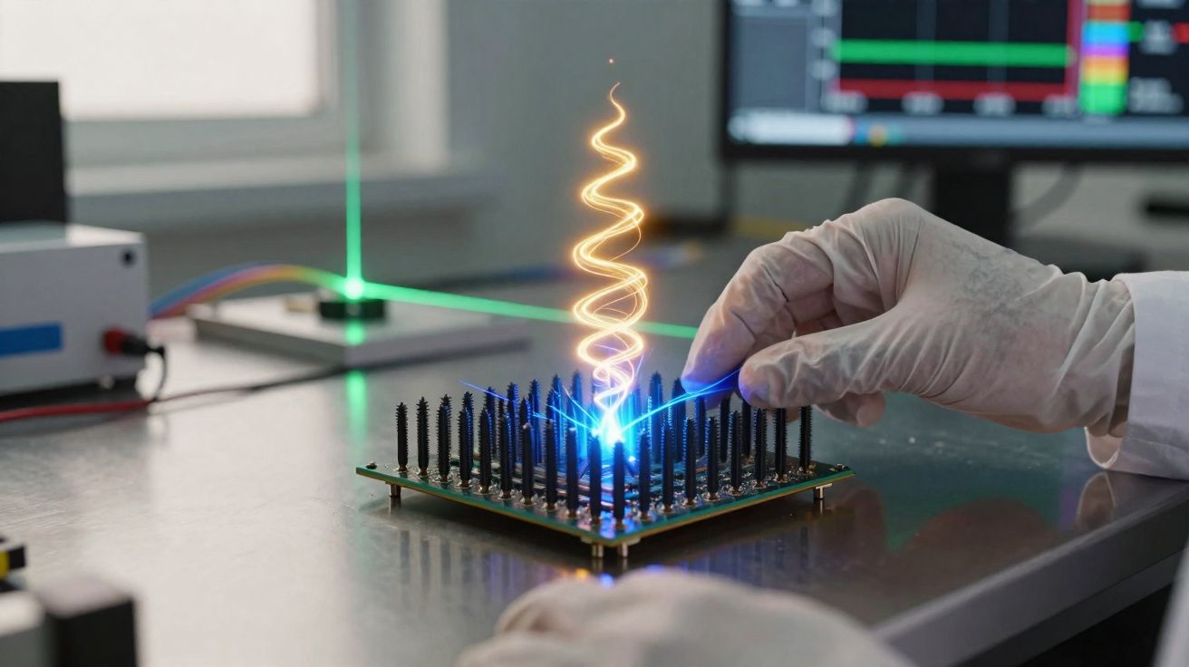 Mãos com luvas manipulam circuitos eletrónicos sobre mesa com luz azul e espiral luminosa em laboratório.