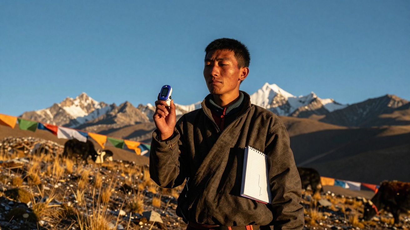 Homem rural com roupa tradicional observa dispositivo num campo de montanha com ícones de oração e vacas ao fundo.
