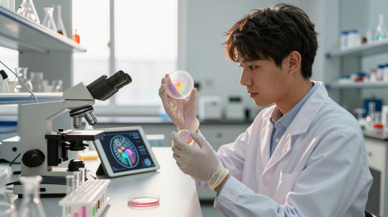 Cientista a analisar placas de petri com padrões coloridos numa sala de laboratório moderno.