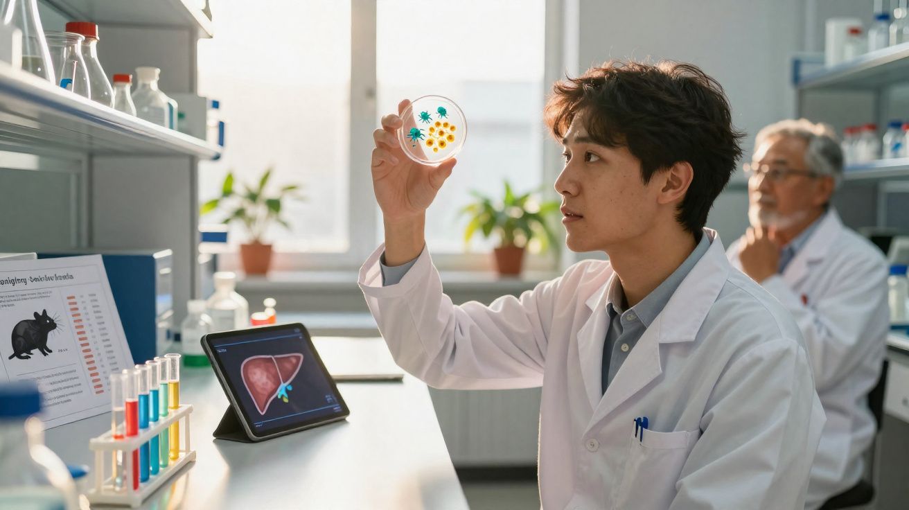 Cientistas em laboratório a analisar cultura de microrganismos em placa de Petri com tubos de ensaio coloridos.