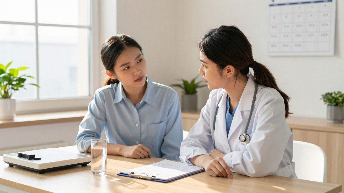Médica a explicar diagnóstico a paciente feminina sentadas em escritório iluminado e moderno.