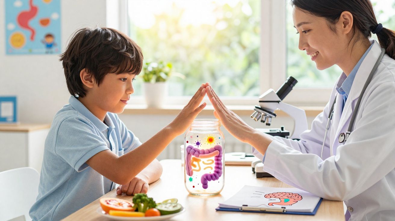 Criança e médica fazem contato visual sobre jarro com ilustração do sistema digestivo numa consulta.
