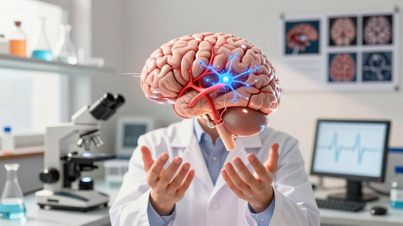 Médico com bata branca apresentando um cérebro humano digital com destaque em ligação nervosa azul.