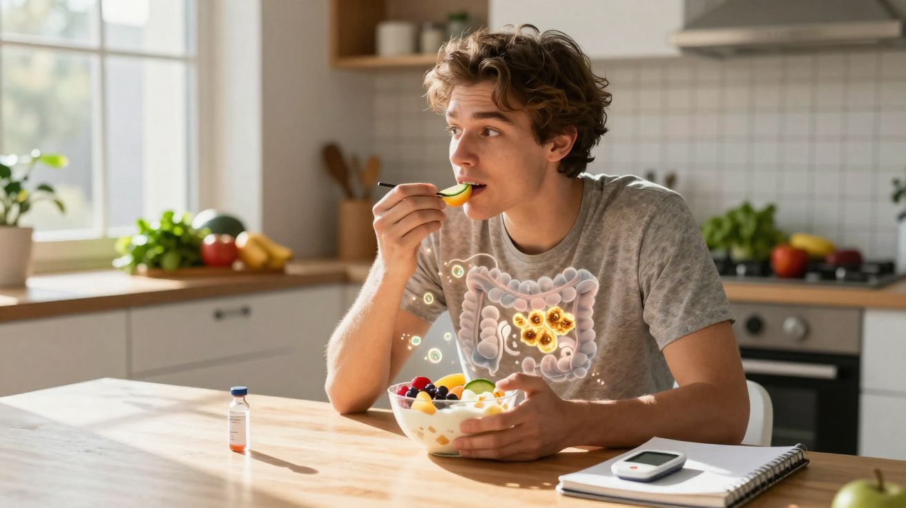 Jovem a comer fruta numa cozinha, com ilustração digital do sistema digestivo sobreposto no peito.