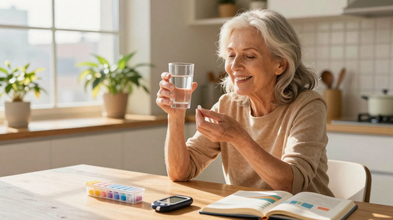 Mulher idosa a tomar medicação com copo de água numa cozinha luminosa, com medidor de glicose na mesa.