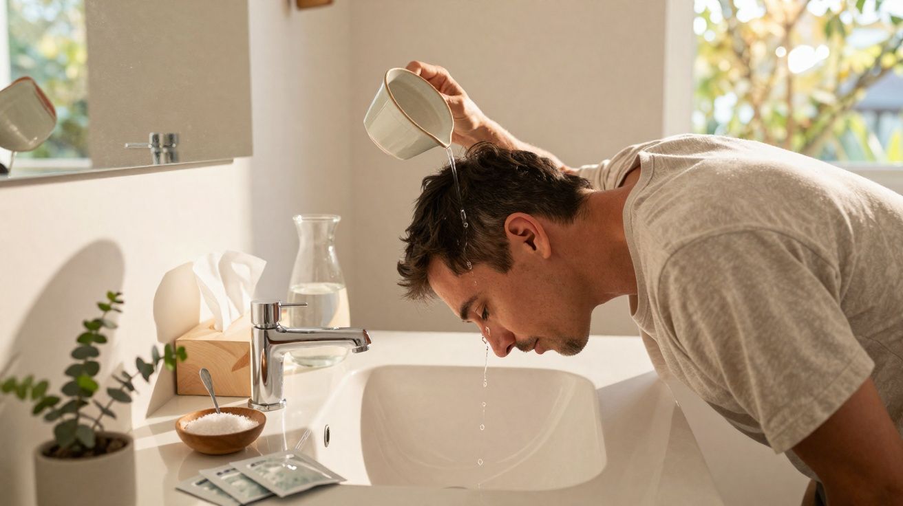 Homem a lavar o rosto com água num lavatório numa casa de banho bem iluminada.