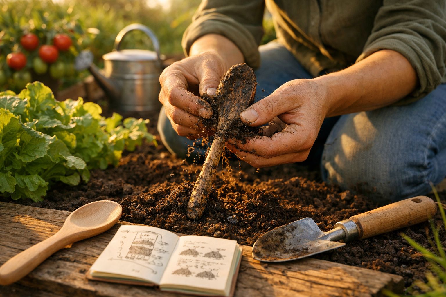 Mãos a trabalhar terra com colher de madeira em horta, com ferramenta, regador e caderno aberto.