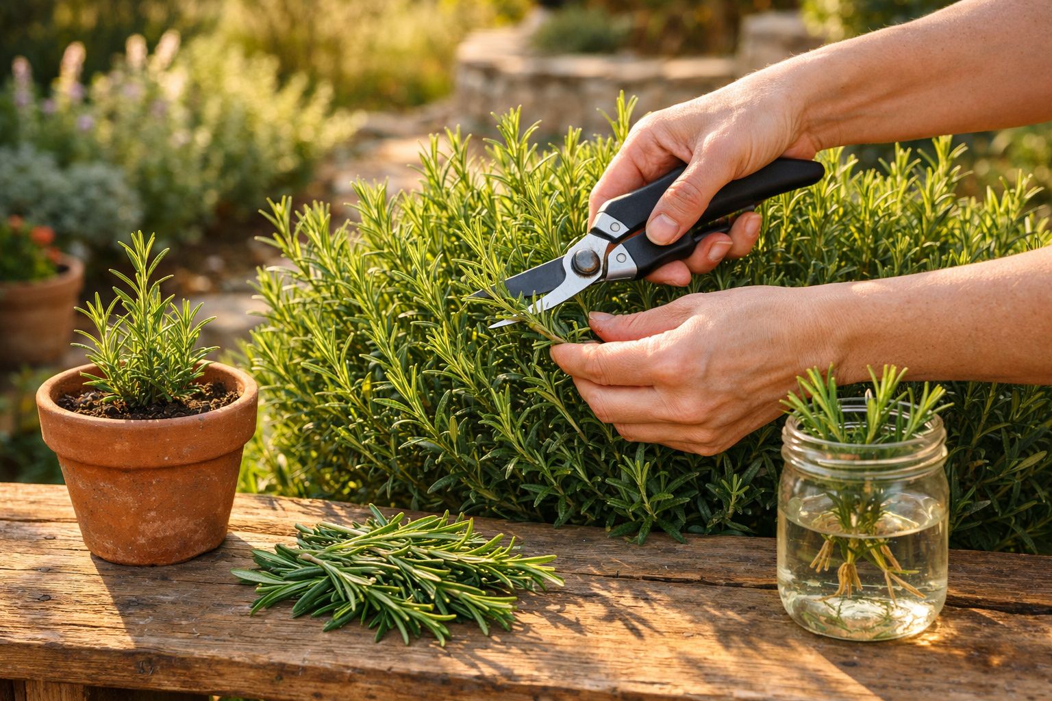 Pessoa a cortar ramos de alecrim com tesoura de jardinagem em planta ao ar livre.
