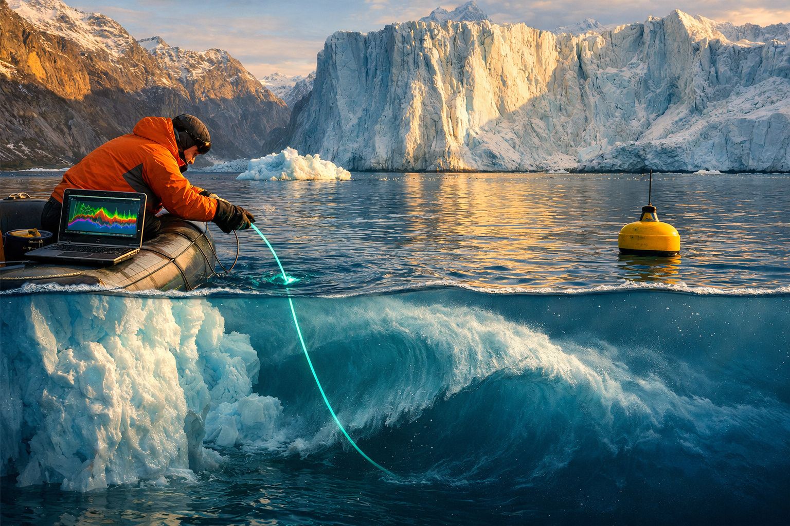 Pessoa em barco insuflável coleta amostras de água junto a geleira iluminada ao pôr do sol no Ártico.