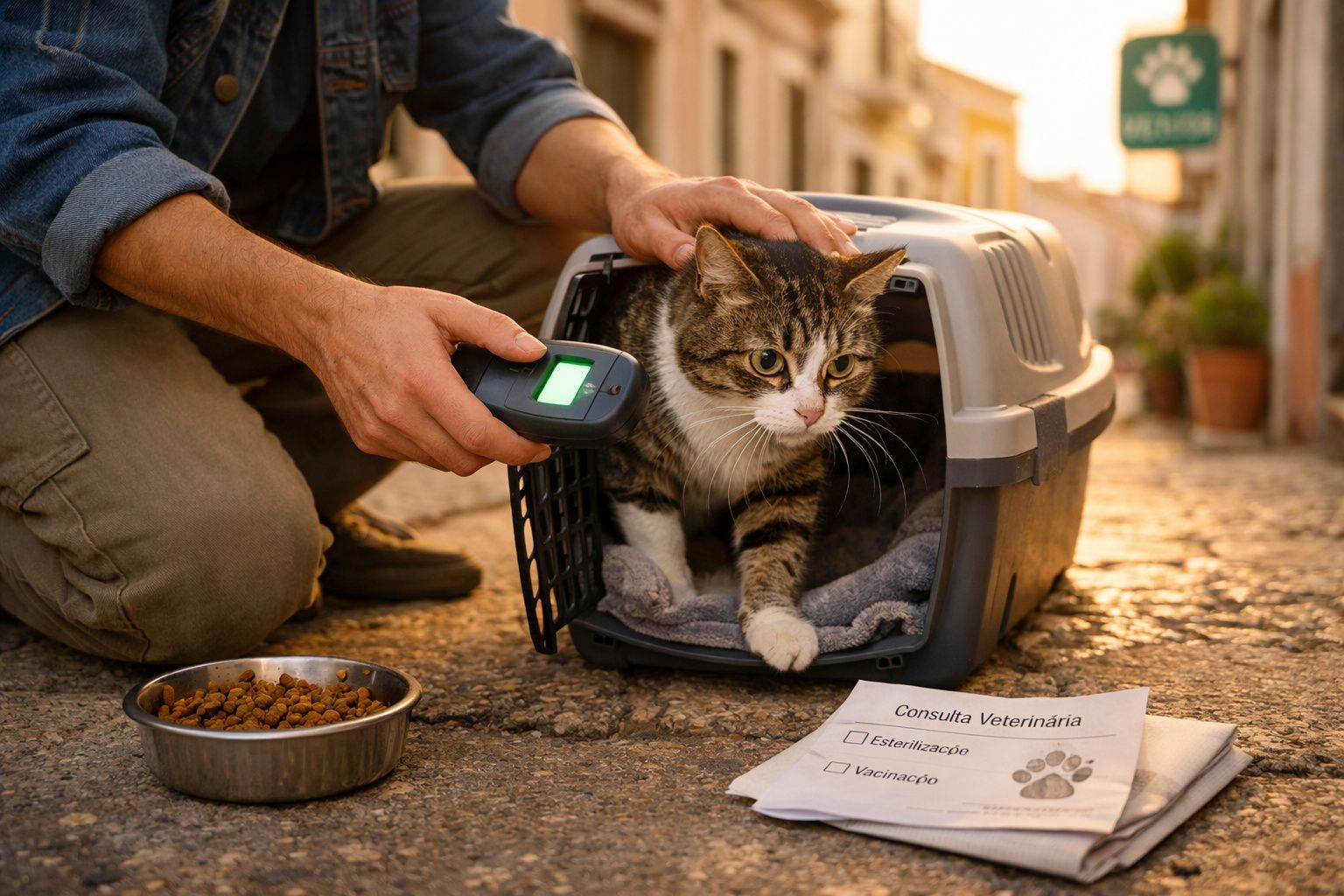 Pessoa verifica microchip de gato que sai de transportadora, com prato de comida e formulário de consulta veterinária.