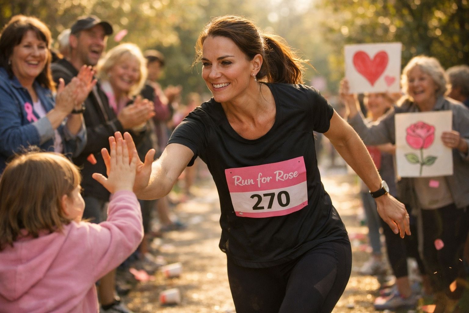 Mulher a correr em evento solidário e a dar um high-five a uma criança, com público a aplaudir ao fundo.