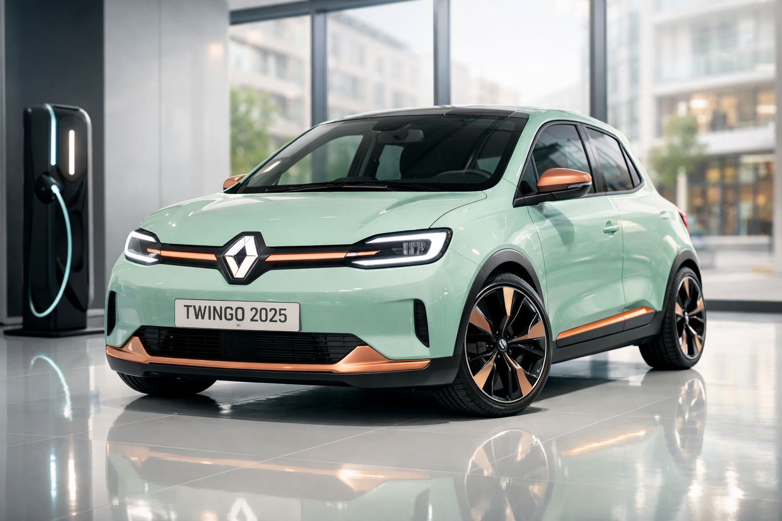 Renault Twingo 2025 elétrico verde e laranja, estacionado em showroom com posto de carregamento.