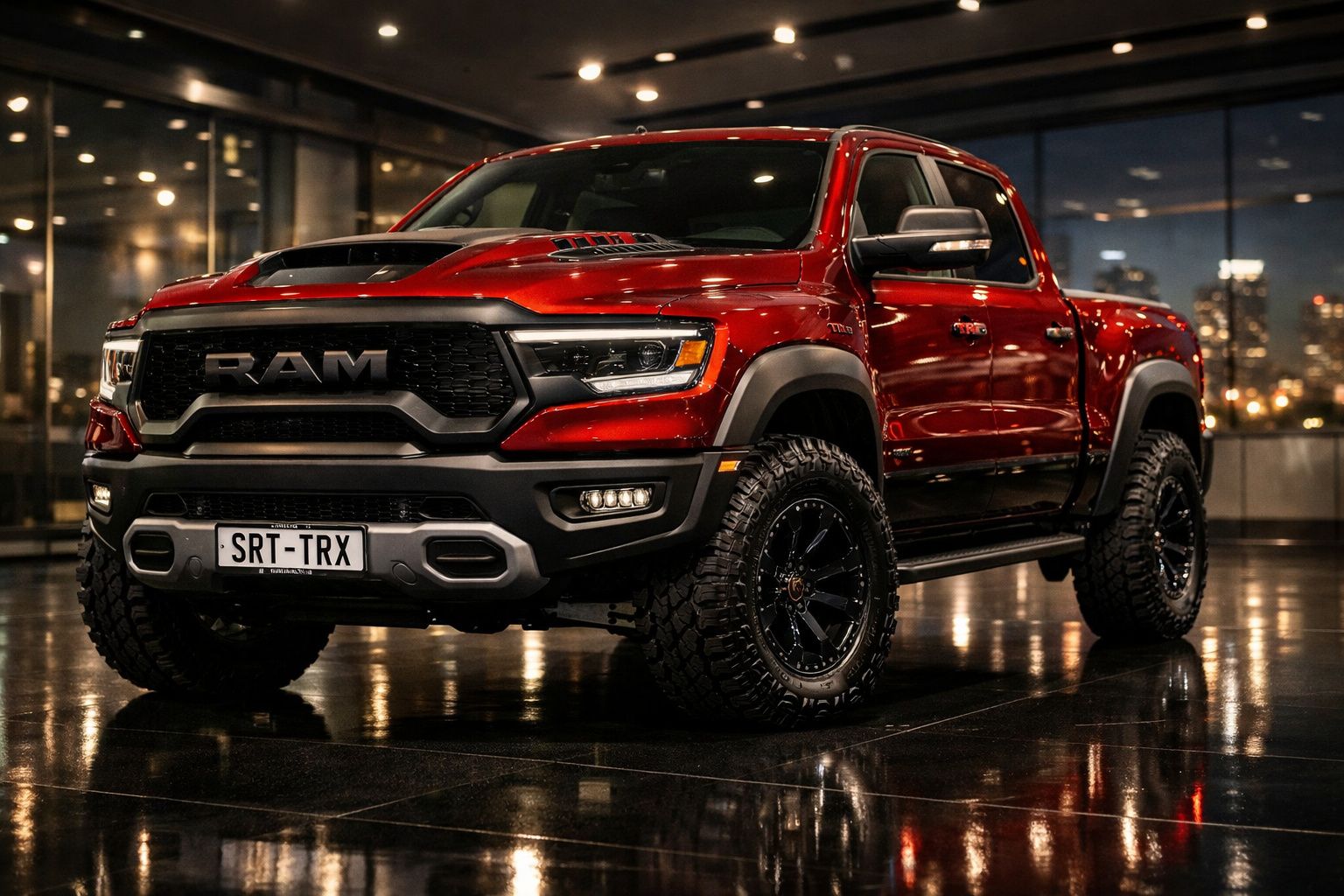 Picape RAM SRT-TRX vermelha destacada em ambiente urbano à noite com luzes refletidas no chão.