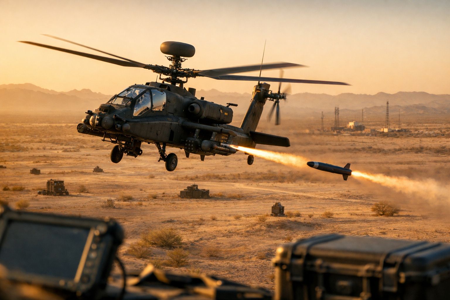 Helicóptero militar Apache a disparar um míssil em zona desértica com montanhas ao fundo ao pôr do sol.