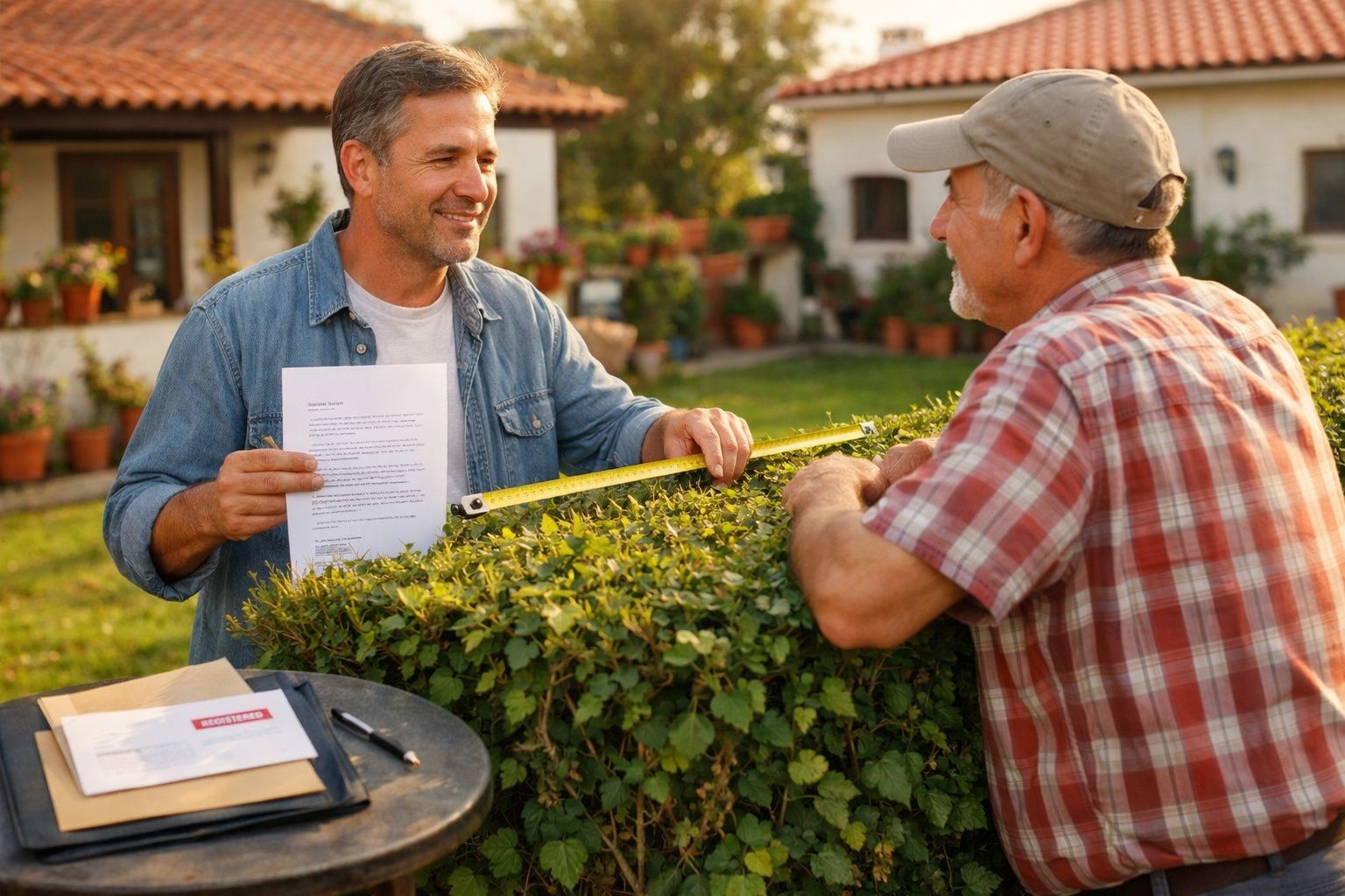 Homens a medir sebe e a discutir documentos num jardim ensolarado numa casa com telhado de telha.