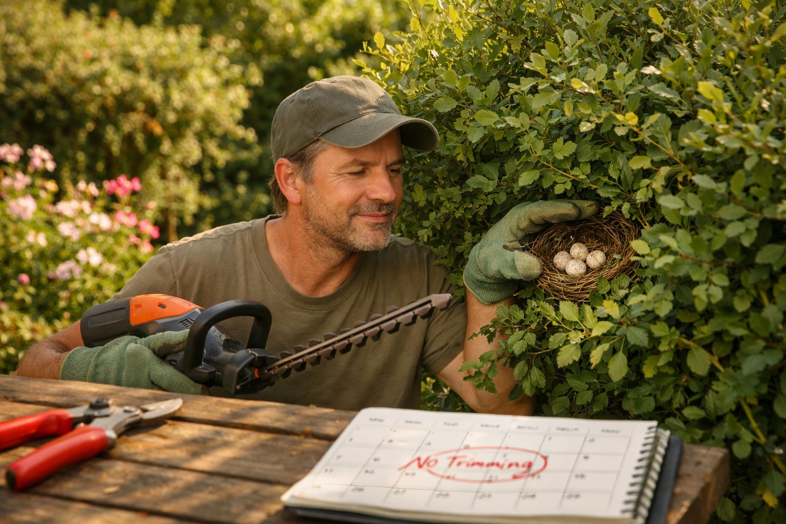 Homem com luvas e máquina de cortar sebe observa ninho com ovos numa sebe junto a calendário.