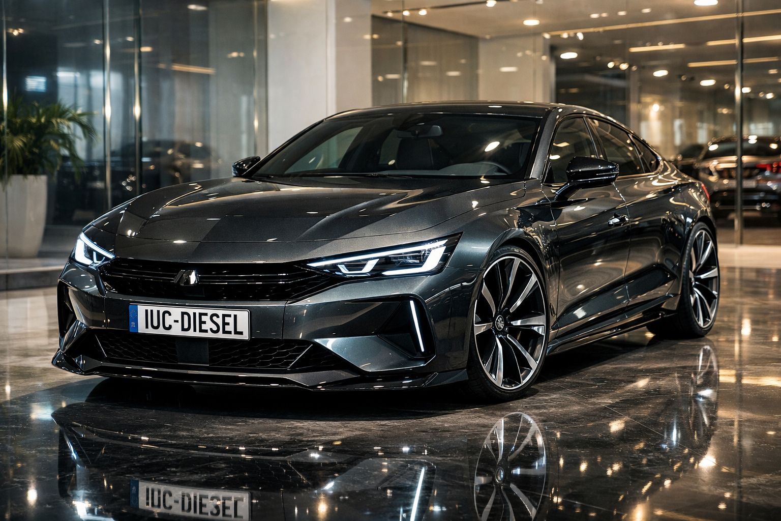 Carro desportivo moderno cinza escuro estacionado com reflexo no chão em espaço interior iluminado.