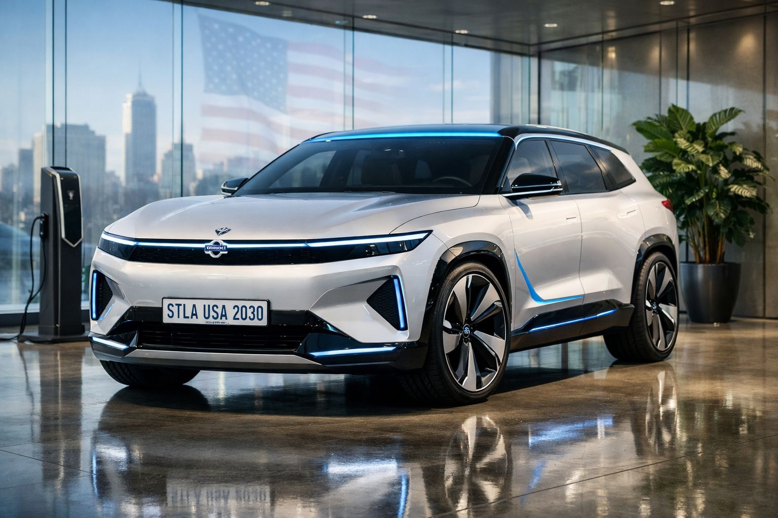 Carro elétrico branco moderno estacionado dentro de um edifício com janelas grandes e tomada de carregamento.