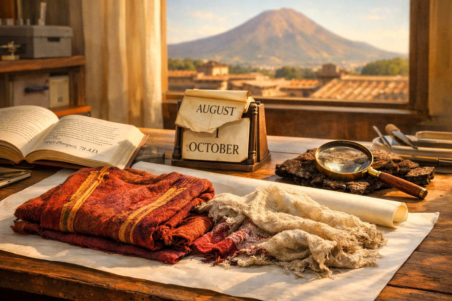 Mesa com tecidos, lupa, rolo de pergaminho e calendário antigo, com janela e montanha ao fundo.