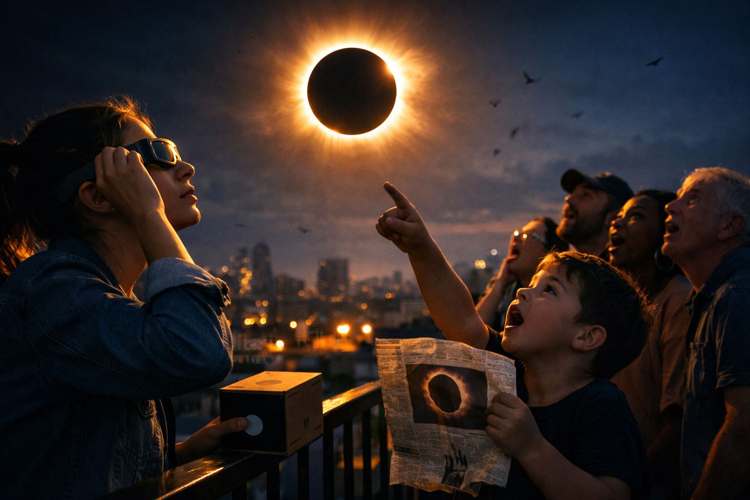 Grupo de pessoas a observar o eclipse solar total ao entardecer numa cidade com óculos especiais.