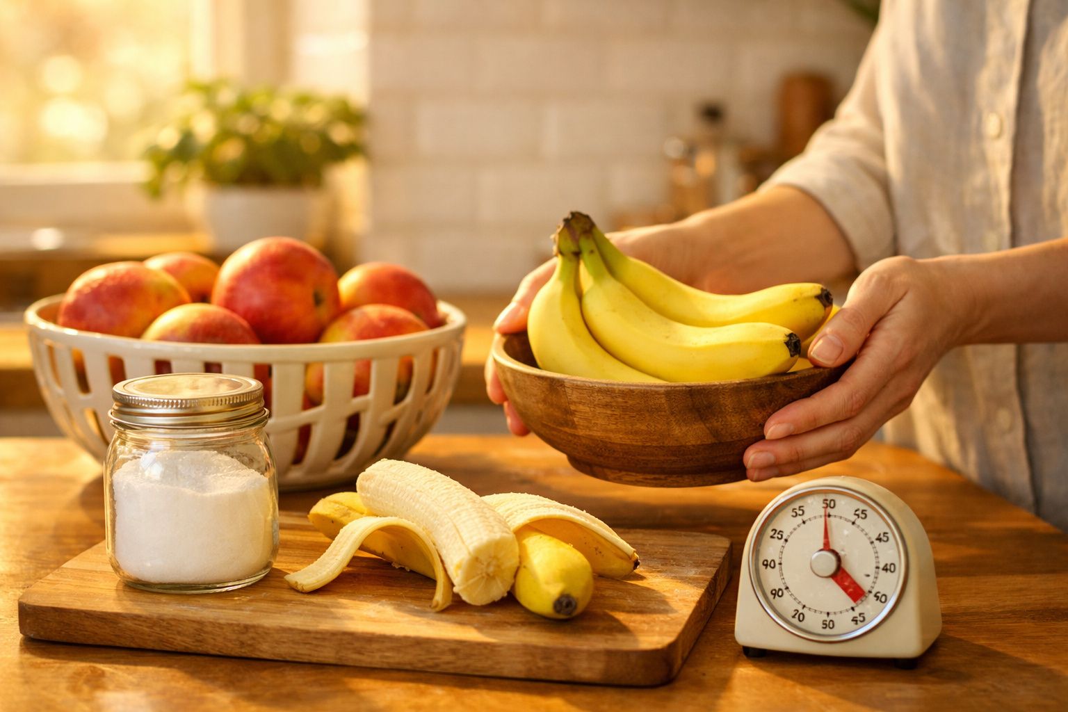 Pessoa a segurar taça de madeira com bananas ao lado de maçãs, banana descascada, frasco com açúcar e balança.
