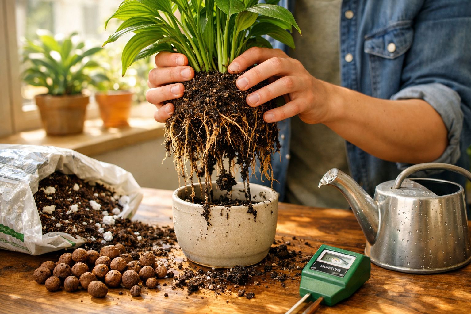 Pessoa transplantando planta com raízes expostas para vaso em mesa com terra, regador e medidor de humidade.