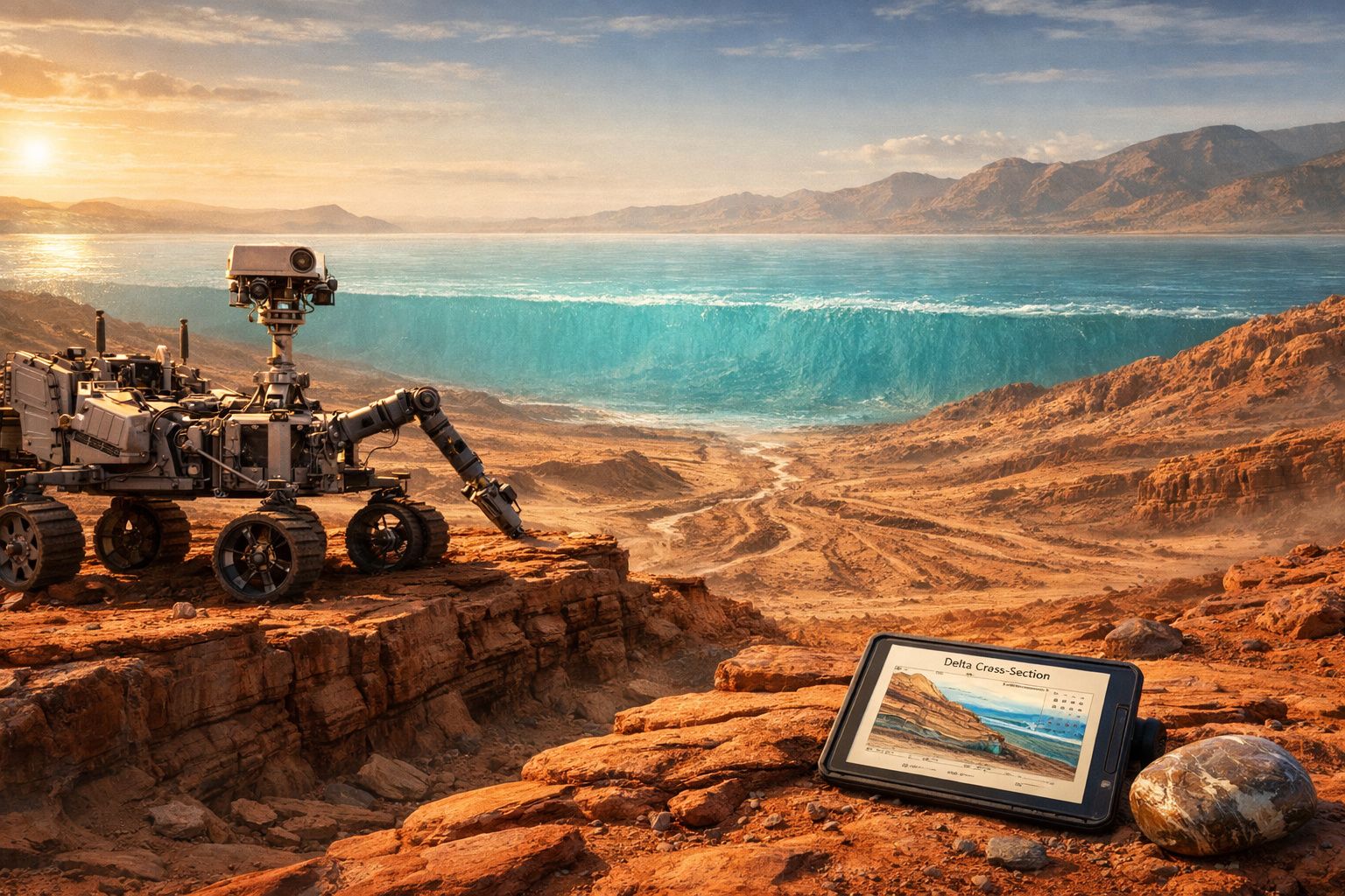 Rover exploratório numa paisagem árida com mar a formar uma onda gigante ao fundo, e ecrã com gráfico.
