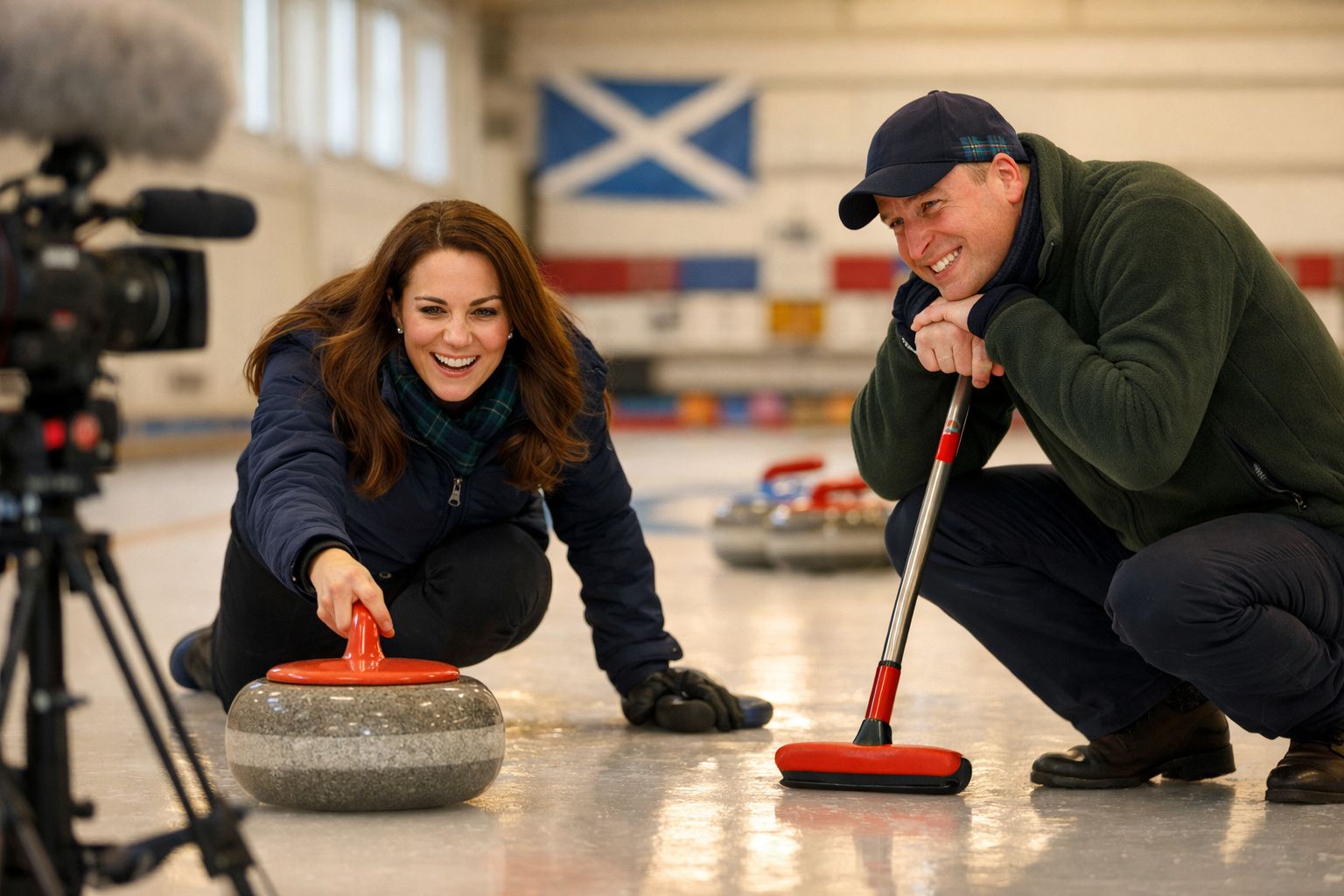 Casal sorridente pratica curling em pista de gelo coberta com bandeira da Escócia ao fundo.